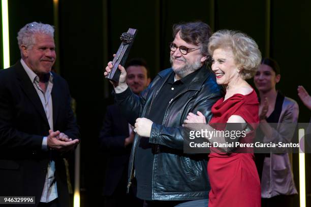 Director Guillermo del Toro receives from actress Marisa Paredes the Malaga Sur award during the 21th Malaga Film Festival at the Cervantes Theater...