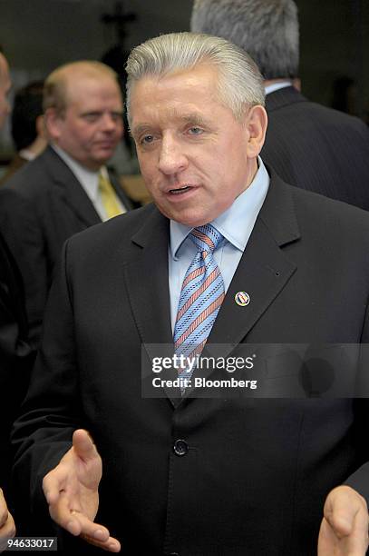 Andrzej Lepper, Poland's deputy prime minister and minister of agriculture and rural development speaks before the start of a meeting of EU...