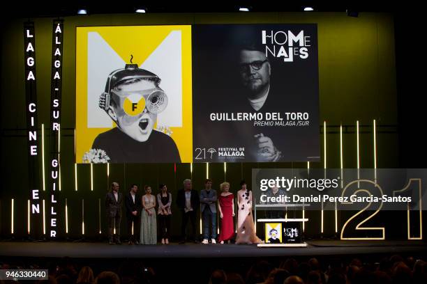 Director Guillermo del Toro receives the Malaga Sur award during the 21th Malaga Film Festival at the Cervantes Theater on April 14, 2018 in Malaga,...