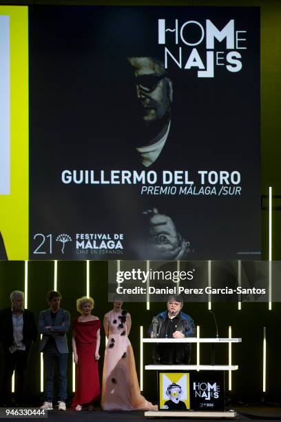 Director Guillermo del Toro receives the Malaga Sur award during the 21th Malaga Film Festival at the Cervantes Theater on April 14, 2018 in Malaga,...