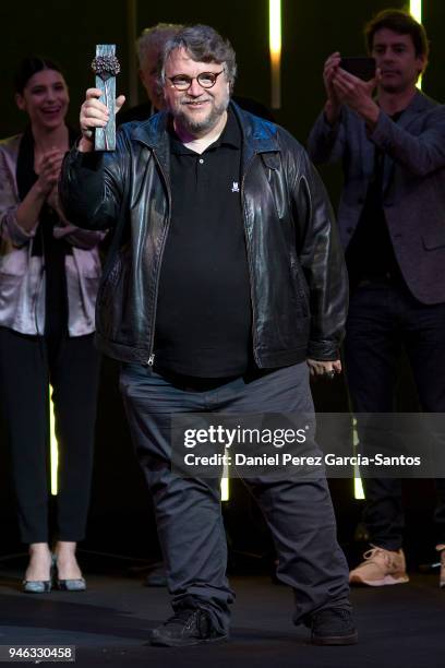 Director Guillermo del Toro receives the Malaga Sur award during the 21th Malaga Film Festival at the Cervantes Theater on April 14, 2018 in Malaga,...