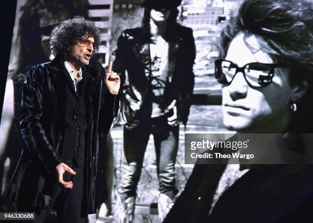 Howard Stern inducts Bon Jovi on stage during the 33rd Annual Rock & Roll Hall of Fame Induction Ceremony at Public Auditorium on April 14, 2018 in...