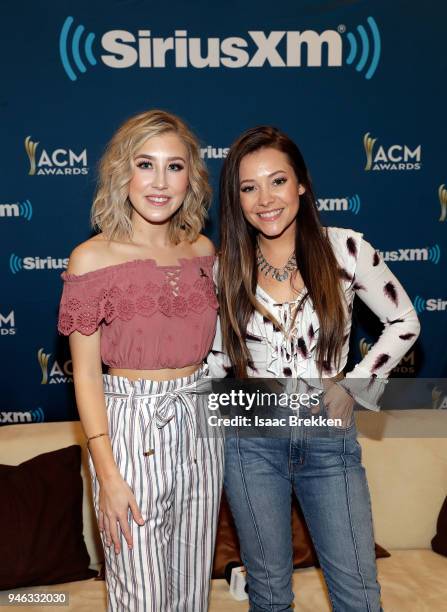 Madison Marlow and Taylor Dye of Maddie and Tae attend SiriusXM's The Highway channel broadcast backstage at the Academy of Country Music Awards on...