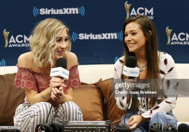Madison Marlow and Taylor Dye of Maddie and Tae attend SiriusXM's The Highway channel broadcast backstage at the Academy of Country Music Awards on...