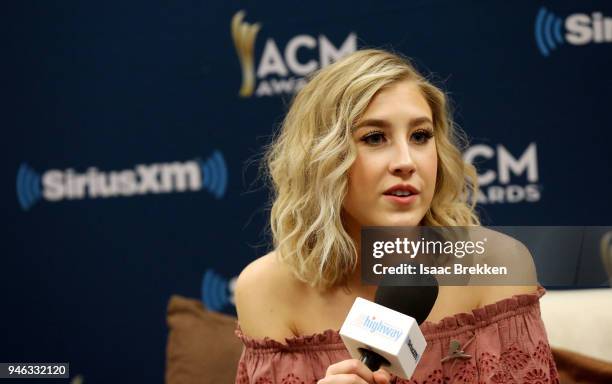 Madison Marlow of Maddie and Tae attends SiriusXM's The Highway channel broadcast backstage at the Academy of Country Music Awards on April 14, 2018...