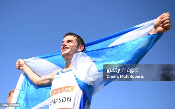 Robbie Simpson of Scotland celebrates he wins bronze in the Men's marathon on day 11 of the Gold Coast 2018 Commonwealth Games at Southport...