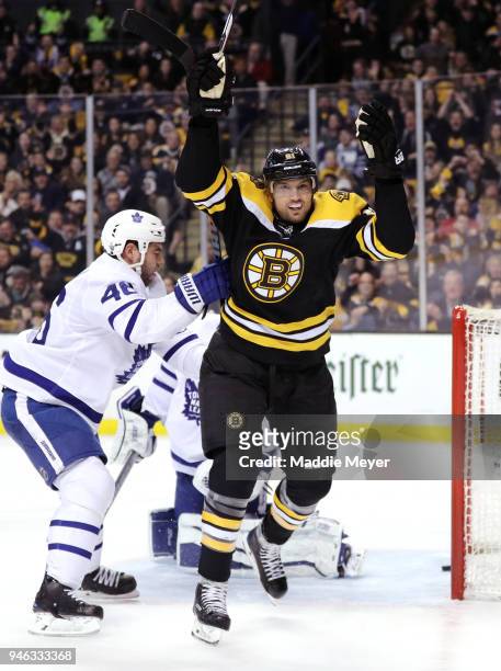 Rick Nash of the Boston Bruins celebrates after scoring against the Toronto Maple Leafs during the first period of Game Two of the Eastern Conference...