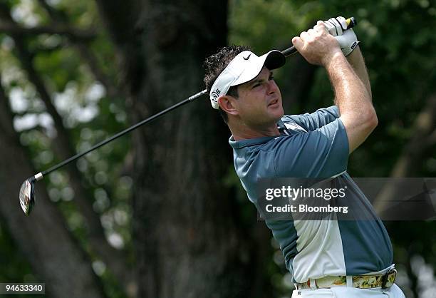 Golfer Rory Sabbatini hits a tee shot during the third round of the Barclays Classic golf tournament at Westchester Country Club in Rye, New York,...