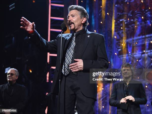 Inductee Alec John Such of Bon Jovi speaks onstage during the 33rd Annual Rock & Roll Hall of Fame Induction Ceremony at Public Auditorium on April...