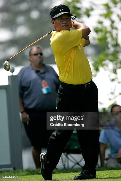 Professional golfer K.J. Choi hits a tee shot on the 2nd hole during the third round of the Barclays Classic golf tournament at Westchester Country...