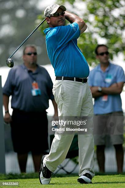 Golfer Rich Beem hits a tee shot during the Barclays Classic golf tournament at Westchester Country Club in Rye, New York, Saturday, Aug. 25, 2007.