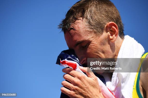 Michael Shelley of Australia show his emotions as he wins gold in the Men's marathon on day 11 of the Gold Coast 2018 Commonwealth Games at Southport...