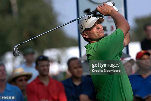 Golfer Steve Stricker tees off on the 16th hole during the third round of the Barclays Classic golf tournament at Westchester Country Club in Rye,...