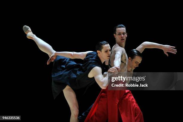 Tomas Mock, Calvin Richardson and Matthew Ball in the Royal Ballet's production of Wayne McGregor's Obsidian Tear at The Royal Opera House on April...