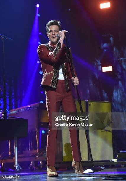 Musician Brandon Flowers performs during the 33rd Annual Rock & Roll Hall of Fame Induction Ceremony at Public Auditorium on April 14, 2018 in...