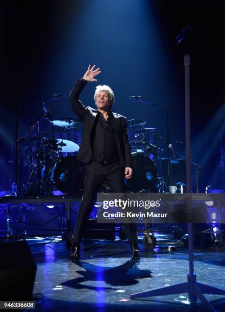 Inductee Jon Bon Jovi performs during the 33rd Annual Rock & Roll Hall of Fame Induction Ceremony at Public Auditorium on April 14, 2018 in...