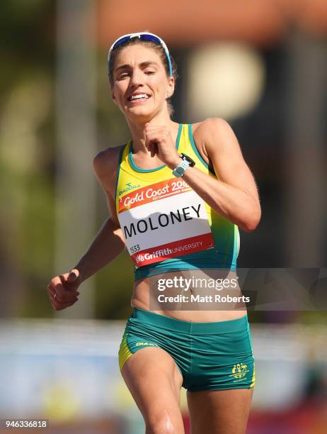 Virginia Moloney of Australia crosses the line in the Women's marathon on day 11 of the Gold Coast 2018 Commonwealth Games at Southport Broadwater...