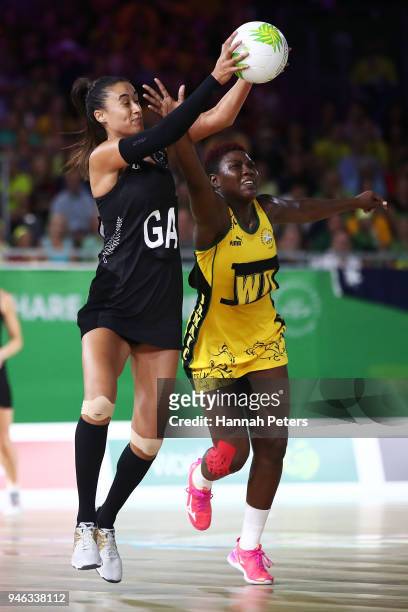 Maria Folau of New Zealand competes for the ball during the Netball Bronze Medal Match on day 11 of the Gold Coast 2018 Commonwealth Games at Coomera...