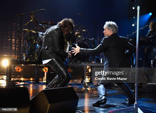 Inductees Richie Sambora and Jon Bon Jovi of Bon Jovi perform during the 33rd Annual Rock & Roll Hall of Fame Induction Ceremony at Public Auditorium...