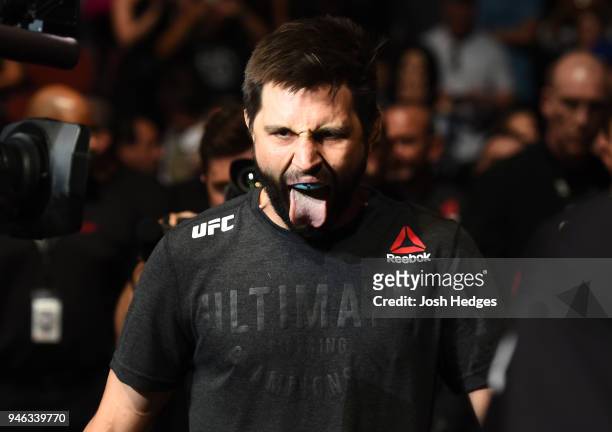 Carlos Condit prepares to enter the Octagon before facing Alex Oliveira of Brazil in their welterweight fight during the UFC Fight Night event at the...