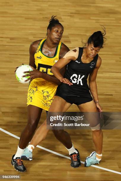 Temalisi Fakahokotau of New Zealand twists her ankle during the Netball Bronze Medal Match on day 11 of the Gold Coast 2018 Commonwealth Games at...