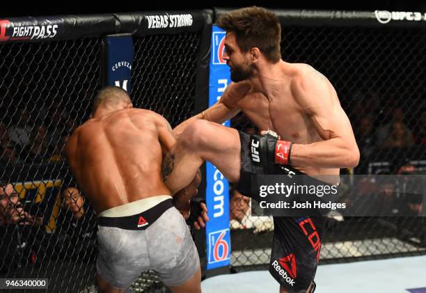 Carlos Condit kicks Alex Oliveira of Brazil in their welterweight fight during the UFC Fight Night event at the Gila Rivera Arena on April 14, 2018...