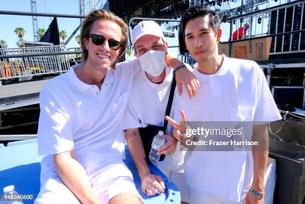 Hayden Coplen, Landon Jacobs and Jason Suwito of Sir Sly pose backstage during 2018 Coachella Valley Music And Arts Festival Weekend 1 at the Empire...