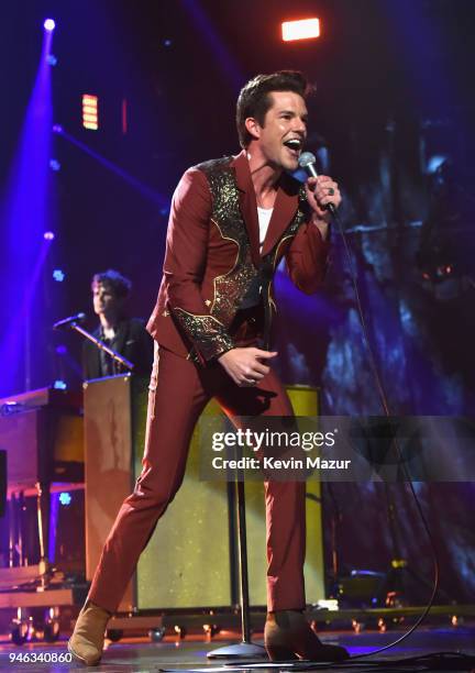 Musician Brandon Flowers perfroms during the 33rd Annual Rock & Roll Hall of Fame Induction Ceremony at Public Auditorium on April 14, 2018 in...