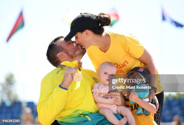 Gold medalist Kurt Fearnley of Australia celebrates with wife Sheridan, son Harry and daughter Emilia during the medal ceremony for the Mens T54...