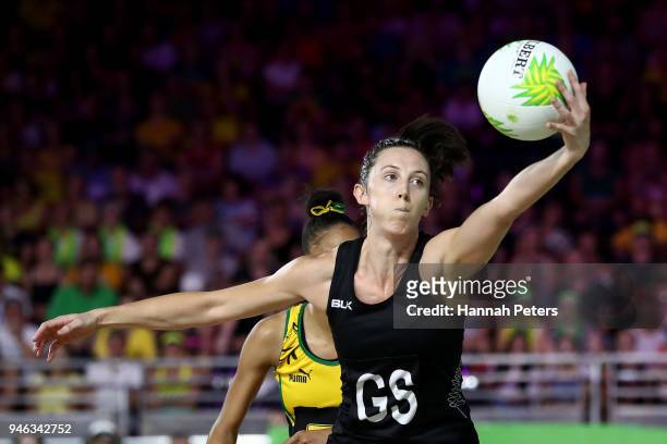 Bailey Mes of New Zealand stretches for the ball during the Netball Bronze Medal Match on day 11 of the Gold Coast 2018 Commonwealth Games at Coomera...