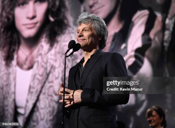 InducteeJon Bon Jovi of Bon Jovi speaks during the 33rd Annual Rock & Roll Hall of Fame Induction Ceremony at Public Auditorium on April 14, 2018 in...