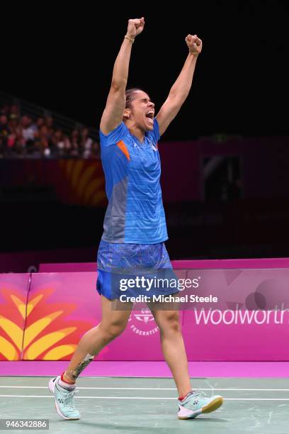 Saina Nehwal of India celebrates match point against Venkata Pusarla of India during the women's singles final during Badminton on day 11 of the Gold...