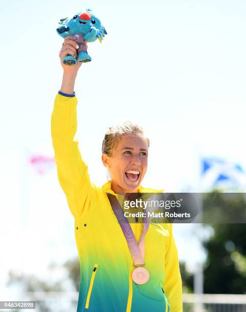 Bronze medalist Jessica Trengove of Australia celebrates during the medal ceremony for the Womens marathon on day 11 of the Gold Coast 2018...