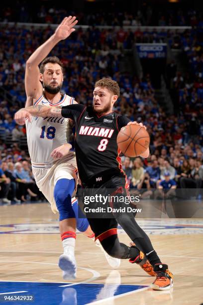 Tyler Johnson of the Miami Heat handles the ball against the Philadelphia 76ers In game one of round one of the 2018 NBA Playoffs on April 14, 2018...