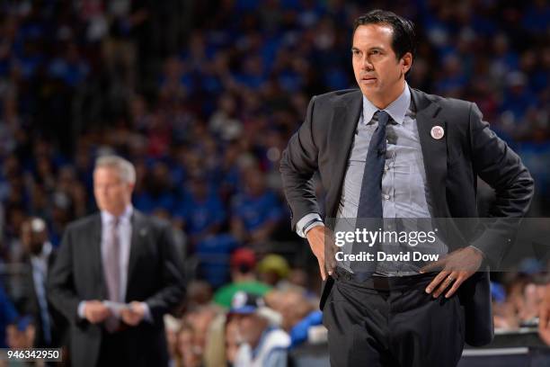 Head Coach Erik Spoelstra of the Miami Heat looks on during the game against the Philadelphia 76ers In game one of round one of the 2018 NBA Playoffs...