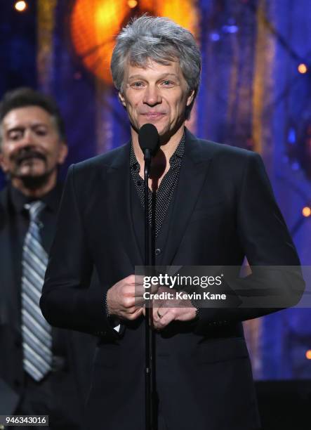 Inductee Jon Bon Jovi speaks onstage during 33rd Annual Rock & Roll Hall of Fame Induction Ceremony at Public Auditorium on April 14, 2018 in...