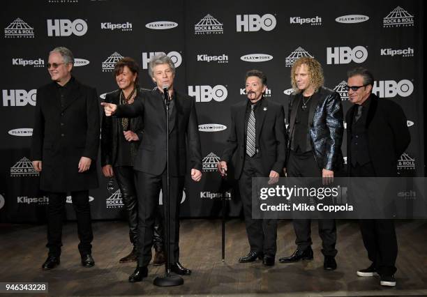 Inductees Hugh McDonald, Richie Sambora, Jon Bon Jovi, Alec John Such, David Bryan and Tico Torres of Bon Jovi attend the 33rd Annual Rock & Roll...