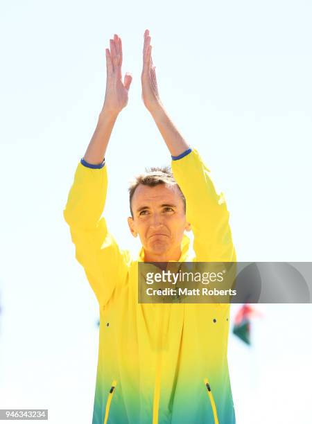 Gold medalist Michael Shelley of Australia celebrates during the medal ceremony for the Mens marathon on day 11 of the Gold Coast 2018 Commonwealth...