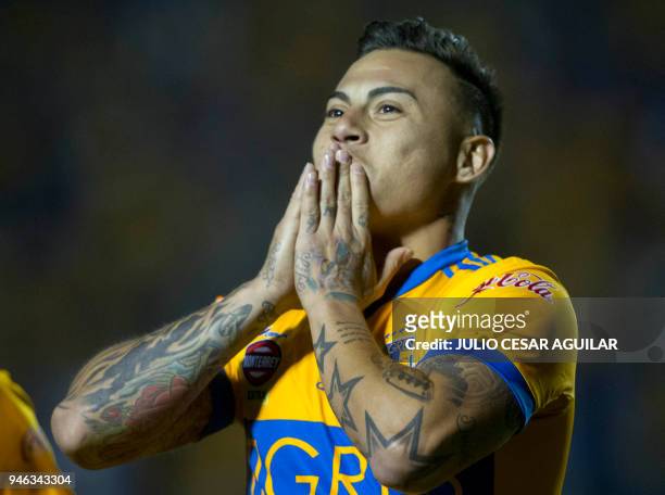 Chilean Eduardo Vargas of Tigres celebrates after scoring against Cruz Azul during the Mexican Clausura football tournament match at the...