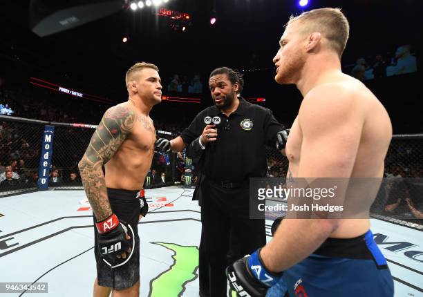 Dustin Poirier and Justin Gaethje face off in their lightweight fight during the UFC Fight Night event at the Gila Rivera Arena on April 14, 2018 in...