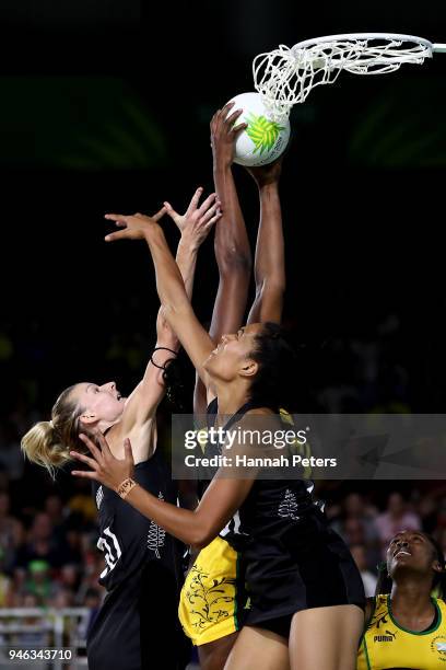 Katrina Grant of New Zealand and Temalisi Fakahokotau of New Zealand defend during the Netball Bronze Medal Match on day 11 of the Gold Coast 2018...