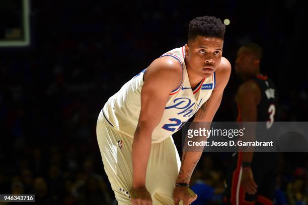 Markelle Fultz of the Philadelphia 76ers looks on against the Miami Heat in game one of round one of the 2018 NBA Playoffs on April 14, 2018 at Wells...
