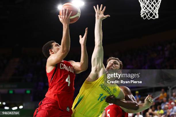 Canada forward/guard Ammanuel Diressa and Australia forward Angus Brandt during the Men's Gold Medal Basketball Game between Australia and Canada on...