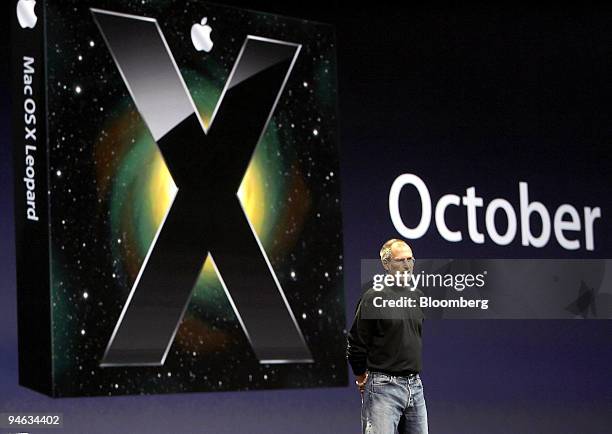 Steve Jobs, chief executive officer of Apple Inc., speaks in front of a projection of Mac OS X Leopard during the company's Worldwide Developers'...