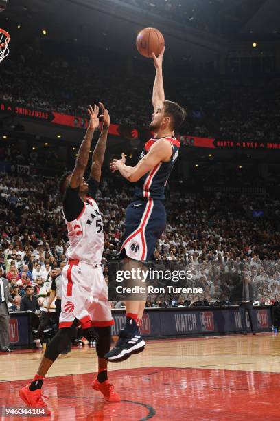 Tomas Satoransky of the Washington Wizards shoots the ball against the Toronto Raptors in Game One of Round One of the 2018 NBA Playoffs on April 14,...