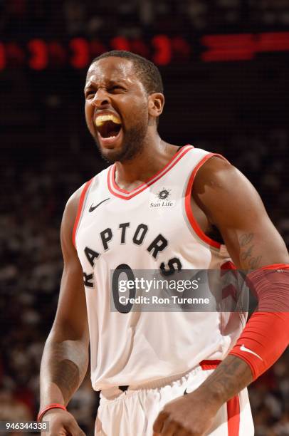 Miles of the Toronto Raptors reacts during the game against the Washington Wizards in Game One of Round One of the 2018 NBA Playoffs on April 14,...