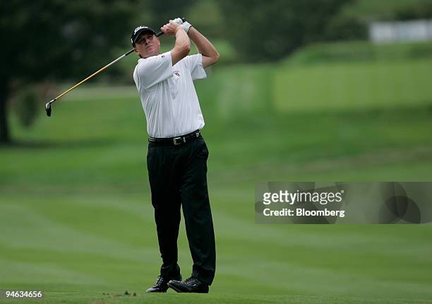 Professional golfer Steve Stricker hits up the 9th fairway of the Barclays Classic tournament at Westchester Country Club in Rye, New York, Friday,...