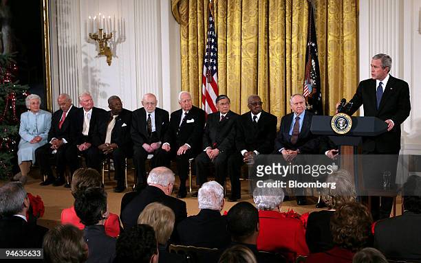 President George W. Bush, right, speaks at a ceremony to present the Presidential Medal of Freedom awards to, appearing from left to right, Ruth...