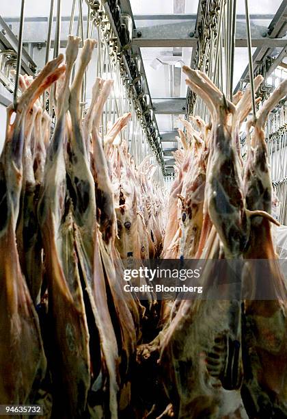 Goat carcasses hang in a cooler at the ENA Meatpacking facility in Paterson, New Jersey, U.S., on Friday, Dec. 14, 2007. Sales of goat meat may...