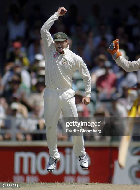 Matthew Hayden, fielding for Australia, celebrates after catching out England batsman Mathew Hoggard, on day 2 of the third Ashes Test match at the...